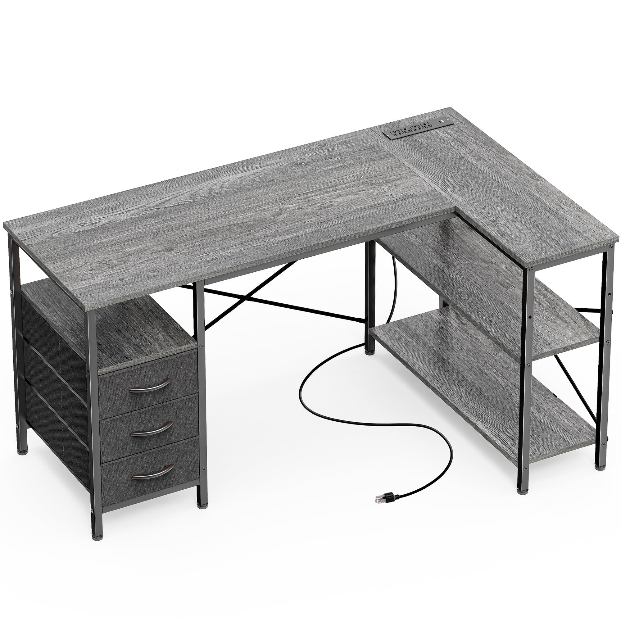 L Shaped Office Desk with Power Outlets, 47 Inch Computer Desk with 3 Drawers, Shelves, for Gaming, Corner Work, Home Office, Study, Grey