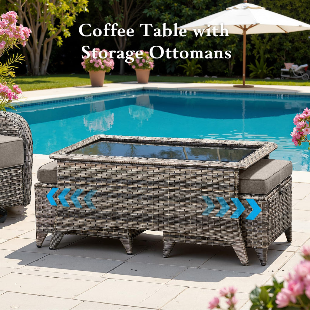 Luxury 6" Thick Cushioned 10 Pieces Patio Furniture Set with Outdoor Couch, Wicker Outdoor Conversation Set with High Back Swivel Rocker Chairs for Deck Porch Yard and Poolside - Grey+Grey