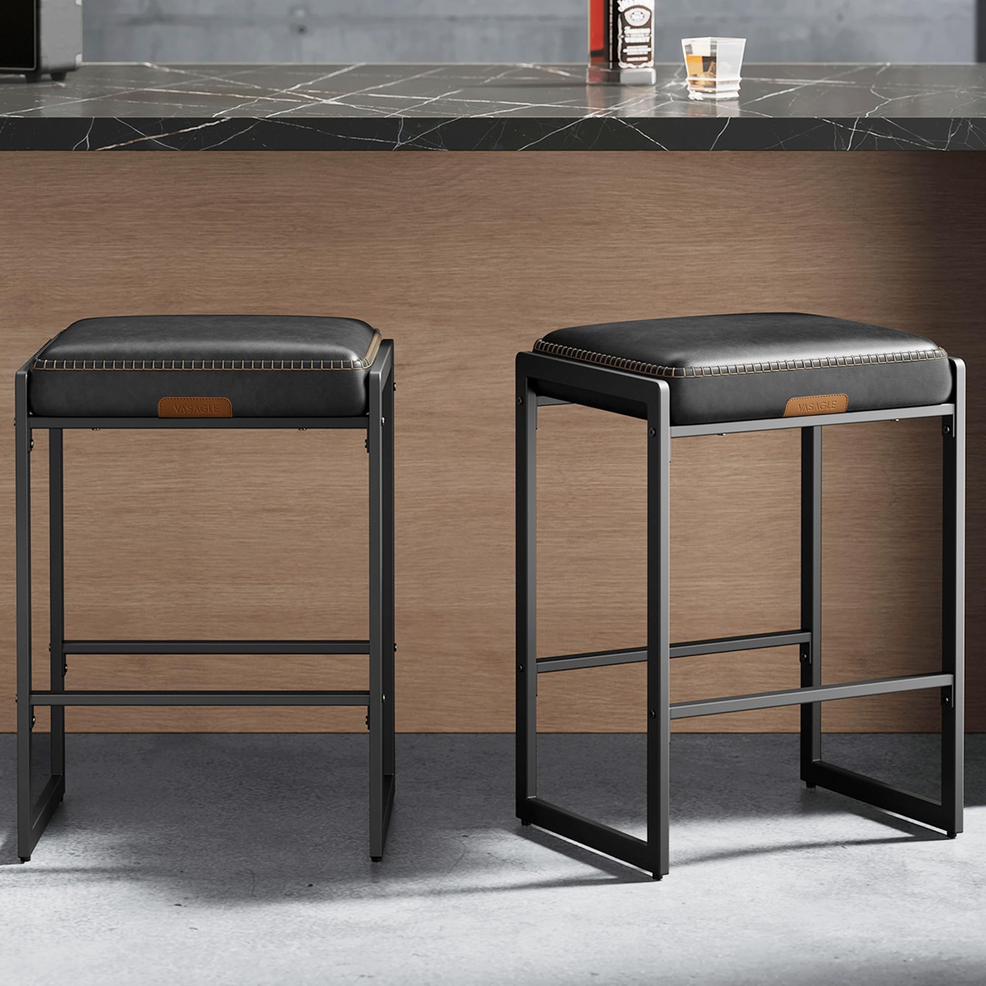 Bar Stools Set of 2, Counter Height Bar Stools, Synthetic Leather with Stitching, Mid-Century Modern Counter Stools, 26-Inch Tall, Kichen Home Bar Dining Room, Ink Black