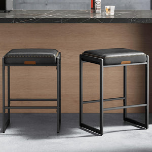 Bar Stools Set of 2, Counter Height Bar Stools, Synthetic Leather with Stitching, Mid-Century Modern Counter Stools, 26-Inch Tall, Kichen Home Bar Dining Room, Ink Black