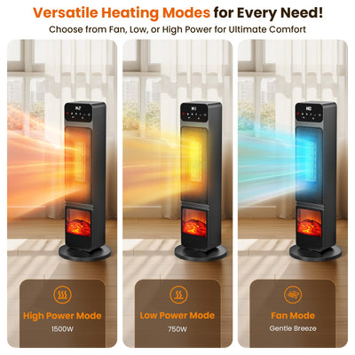 Tower Heaters for Indoor Use, 750W / 1500W Electric Fireplace Heater W / 3D Flame, Heater and Fan Combo 90° Oscillation, Child Lock & Eco Mode, 12h Timer, Remote Control, Home & Office