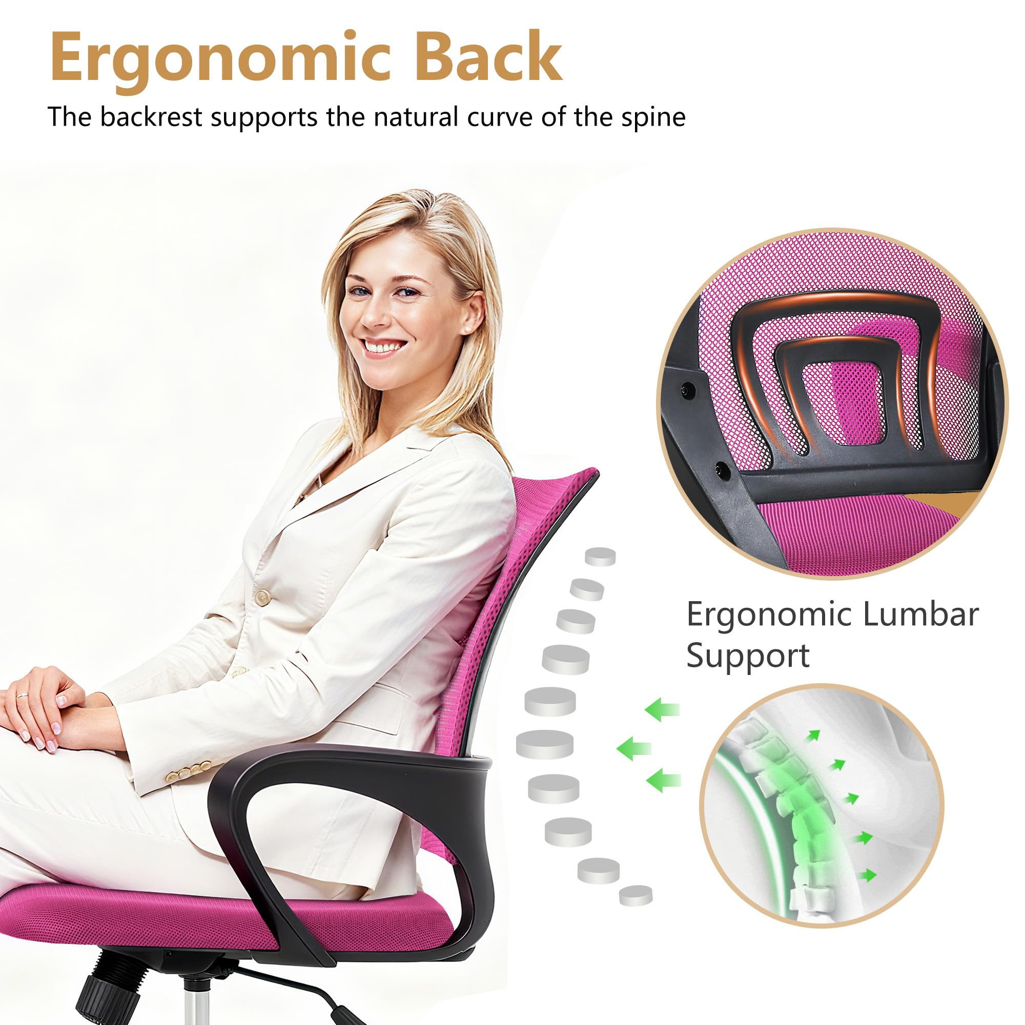 Ergonomic Office Chair | Mid-Back Swivel Desk Chair | Breathable Backrest & Lumbar Support | Adjustable Height | Sponge Seat | Rolling Wheels | Peach Pink | for Adults & Women