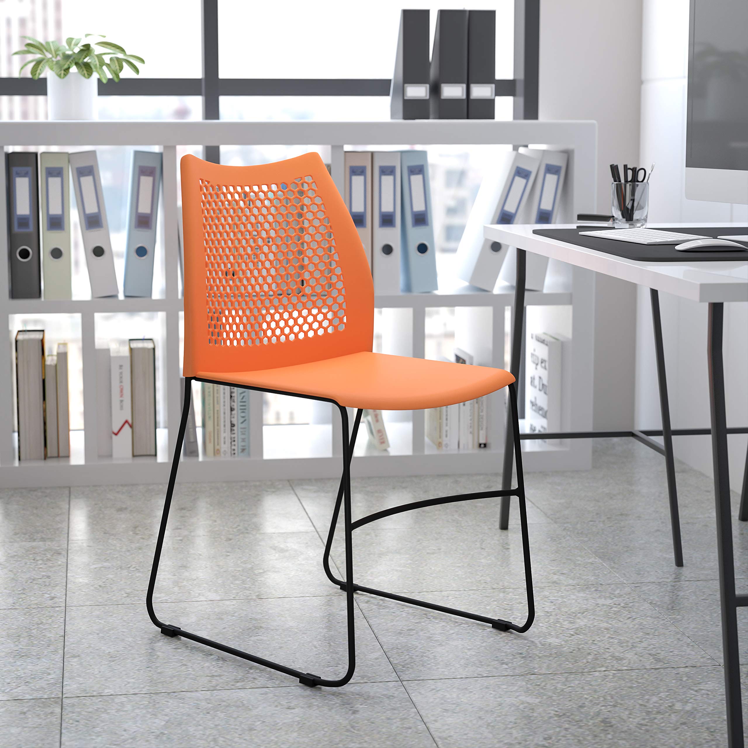 HERCULES Series 661 lb. Capacity Orange Stack Chair with Air-Vent Back and Black Powder Coated Sled Base