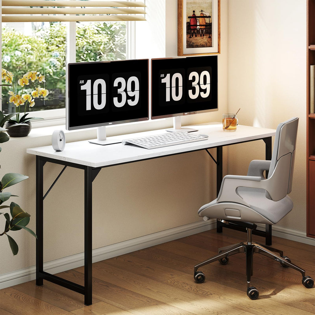 Small Computer Office Desk 63 Inch Student Study Writing Work with Metal Frame Wood Tabletop Modern Simple Home Bedroom PC Table with Storage for Study and Work White