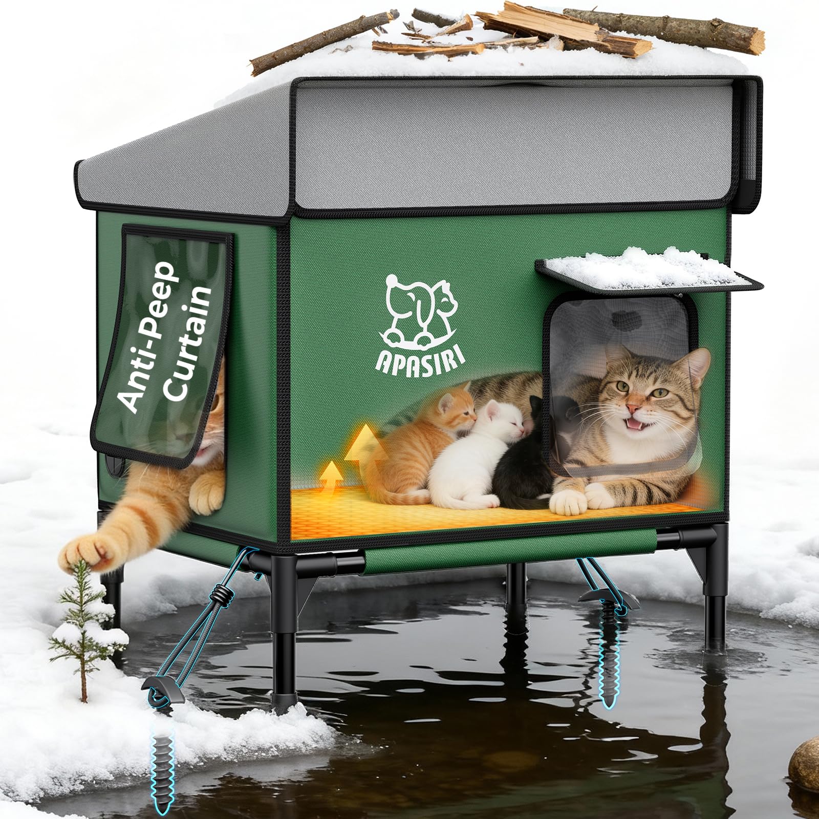 Heated Cat House for Outdoor: Weatherproof Outside Cat Shelter, Insulated Cat House Outdoor with Heated Pad, Sloping Roof & Escape Door, Elevated Base for Stray Cats, Large