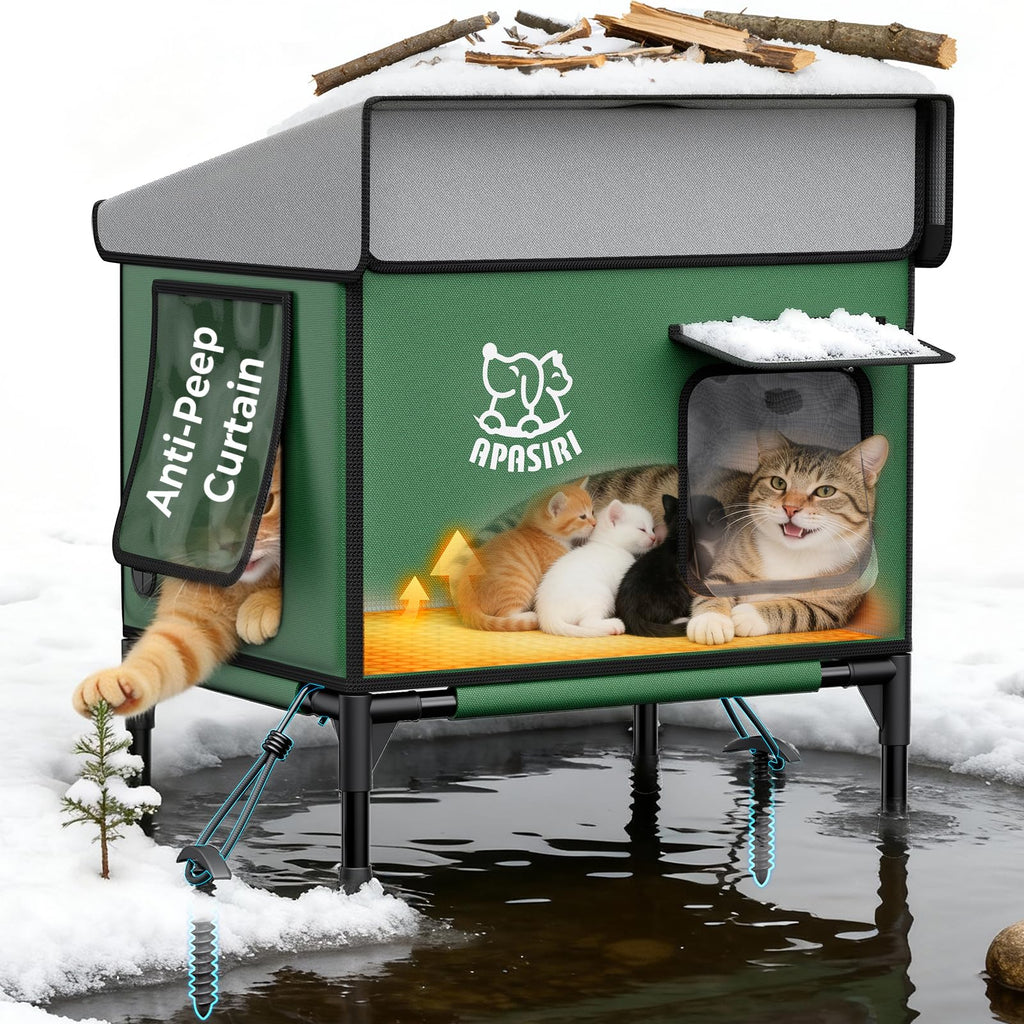 Heated Cat House for Outdoor: Weatherproof Outside Cat Shelter, Insulated Cat House Outdoor with Heated Pad, Sloping Roof & Escape Door, Elevated Base for Stray Cats, Large