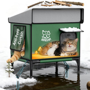Heated Cat House for Outdoor: Weatherproof Outside Cat Shelter, Insulated Cat House Outdoor with Heated Pad, Sloping Roof & Escape Door, Elevated Base for Stray Cats, Large