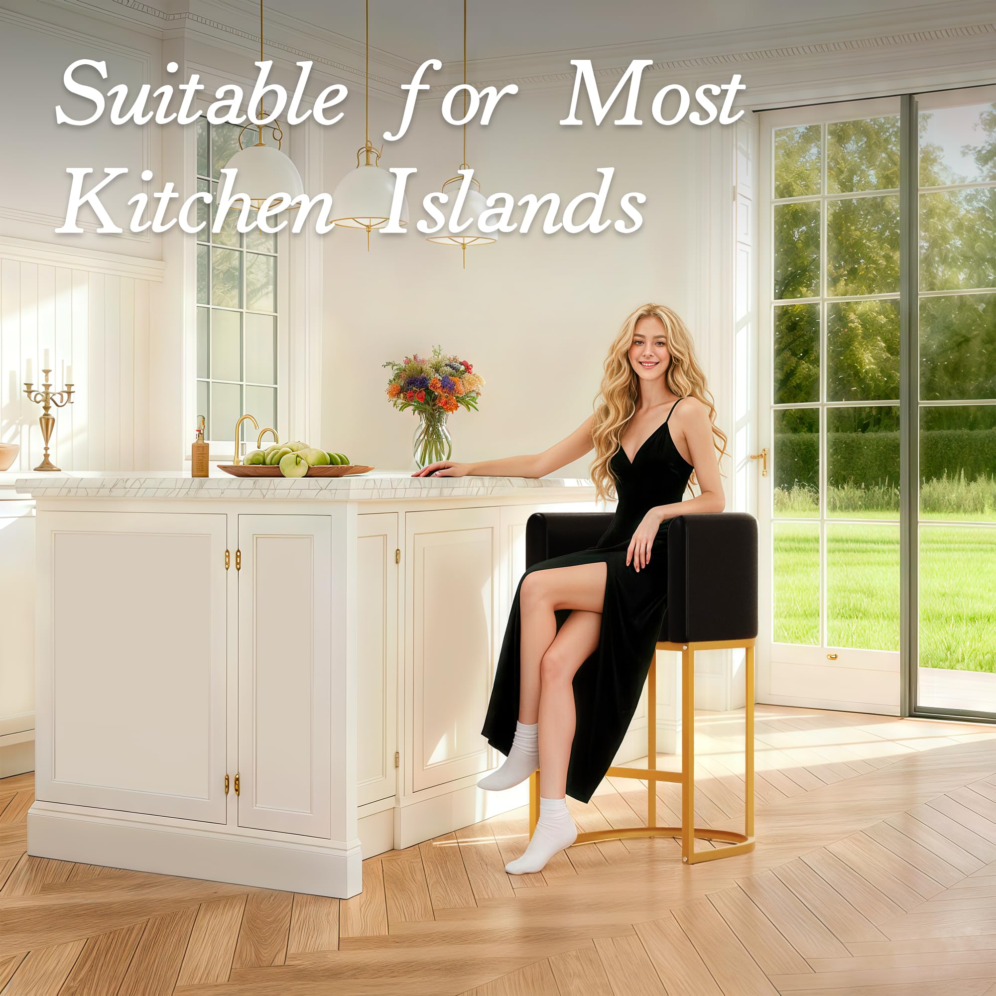Modern Counter Height Bar Stools,Bar Stools Set of 3,PU Leather Upholstered Barrel Barstools with Backs,24'' Kitchen Island Chairs,Metal Gold Frames,Ink Black Leather