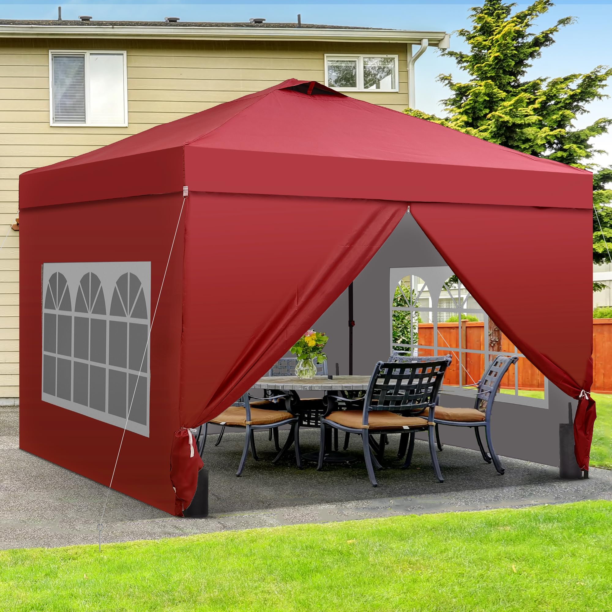 12x12 Pop Up Canopy Tent with 4 Sidewalls, Easy Set up with One Push Lift Gazebo with Wheel Bag and4 Sandbags,Carpas for Events, Parties,Camping, Red.