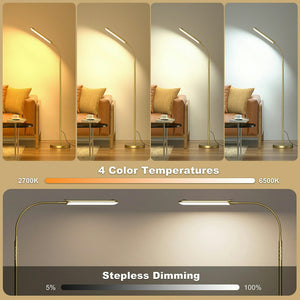 Dimmable LED Floor Lamp, Super Bright Reading Lamps Floor Standing lamp with Remote & Touch Control, Stepless Dimming & 2700K-6500K Color Temperature, for Living Room Bedroom Office, Gold