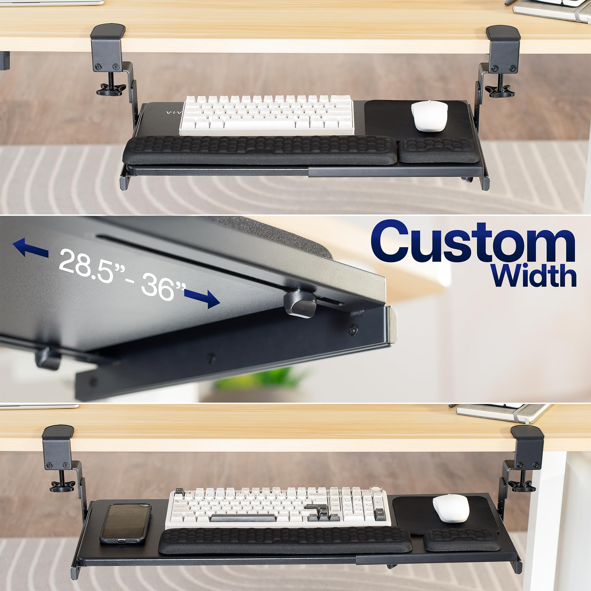 Large Height and Width Adjustable Under Desk Keyboard Tray, C-clamp Mount System, 22.5” to 30” (28.5” to 36” Including Clamps) x 11 inch Slide-Out Platform for Typing, Black, Mount-KBST1