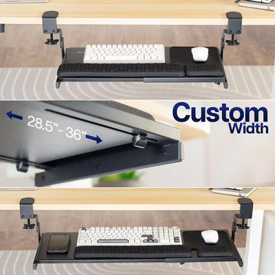 Large Height and Width Adjustable Under Desk Keyboard Tray, C-clamp Mount System, 22.5” to 30” (28.5” to 36” Including Clamps) x 11 inch Slide-Out Platform for Typing, Black, Mount-KBST1