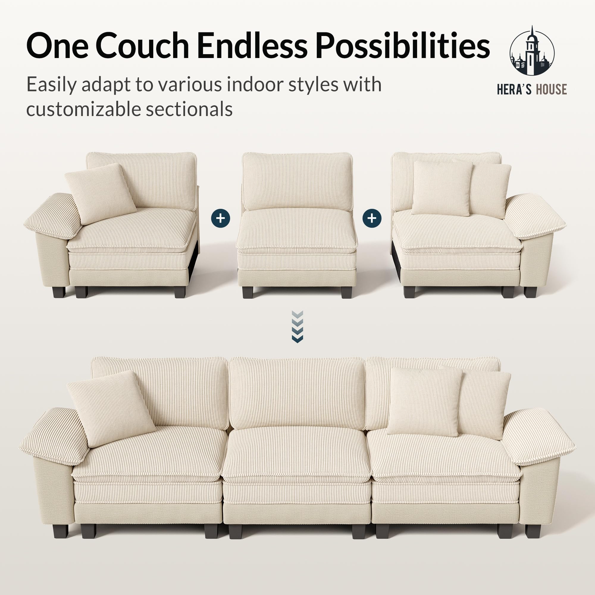 158" Modular Sectional Sofa, Oversized U Shaped Couches for Living Room, Comfy Cloud Couch with Ottoman, 6-Seater Deep Seat Sofa with Throw Pillow, Corduroy and Chenille Beige