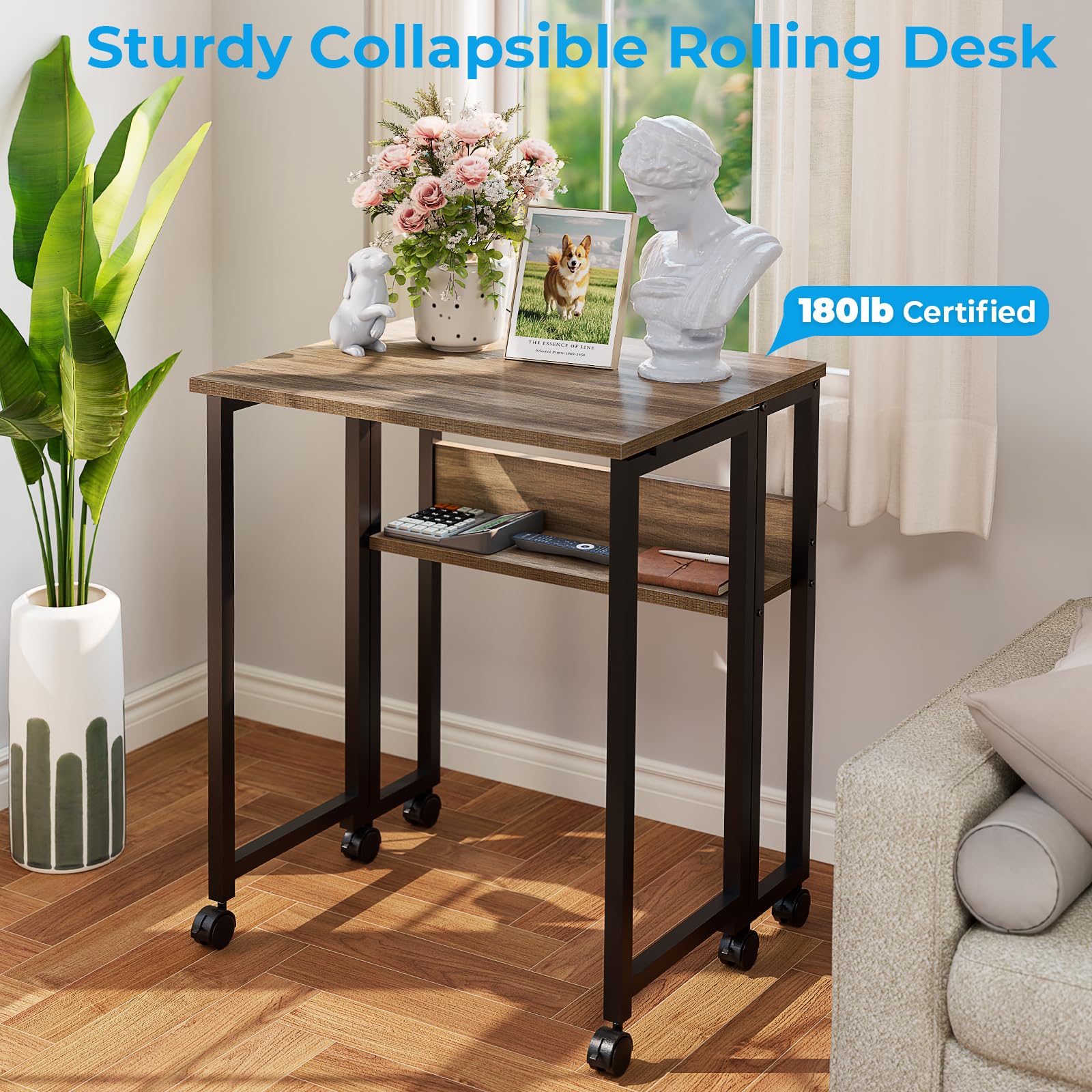 Folding Desk with Wheels, 24.8 Inch Compact Rolling Computer Table with Storage Shelf, Portable Mobile Workstation for Small Spaces, Easy Assembly,Grey Wash
