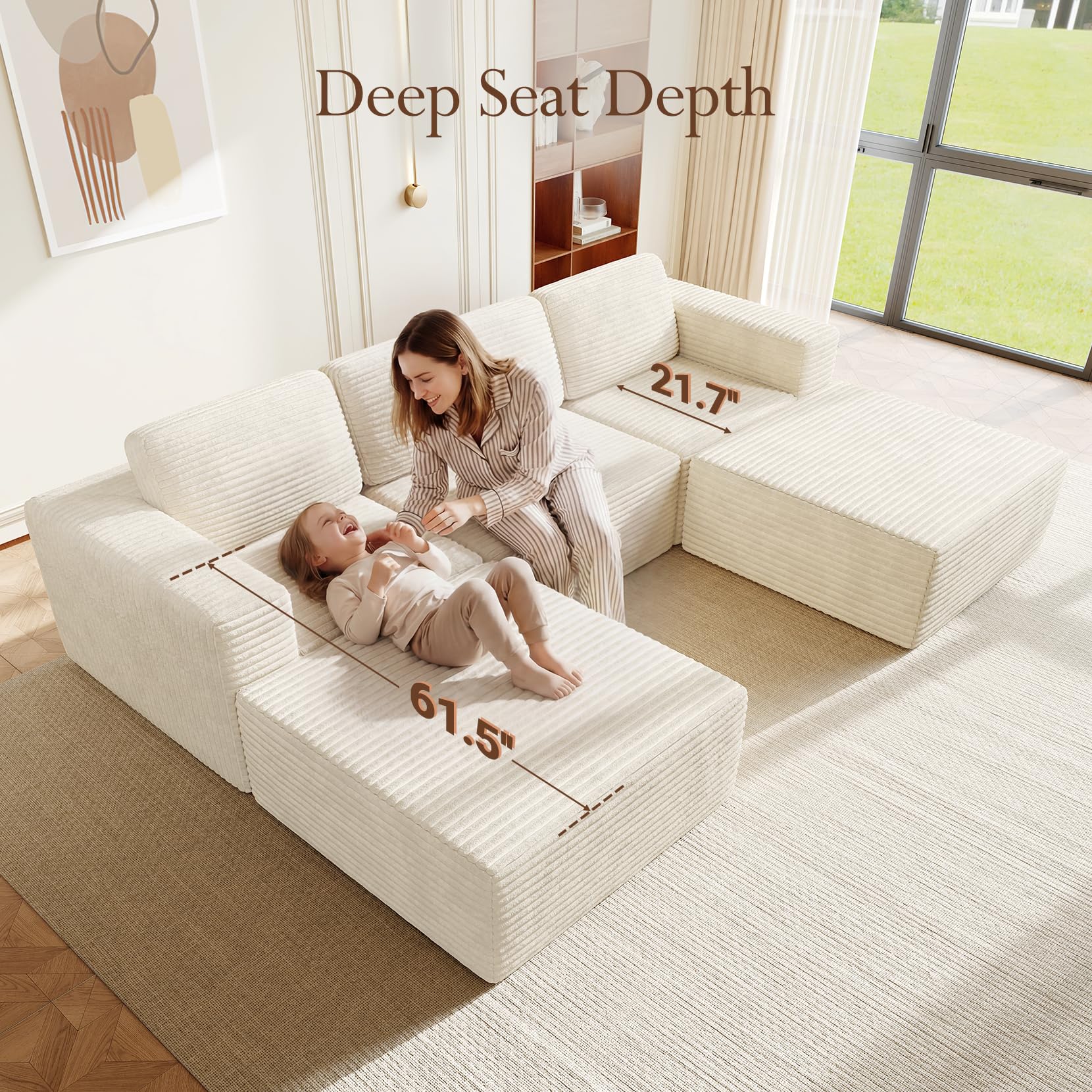 119" Oversized U-Shaped Modular Sectional Sofa, Corduroy Cloud Couch with Deep Seating & Spring Support, Convertible Sofa with 2 Ottomans, Boneless Couch, No Assembly Required, Beige
