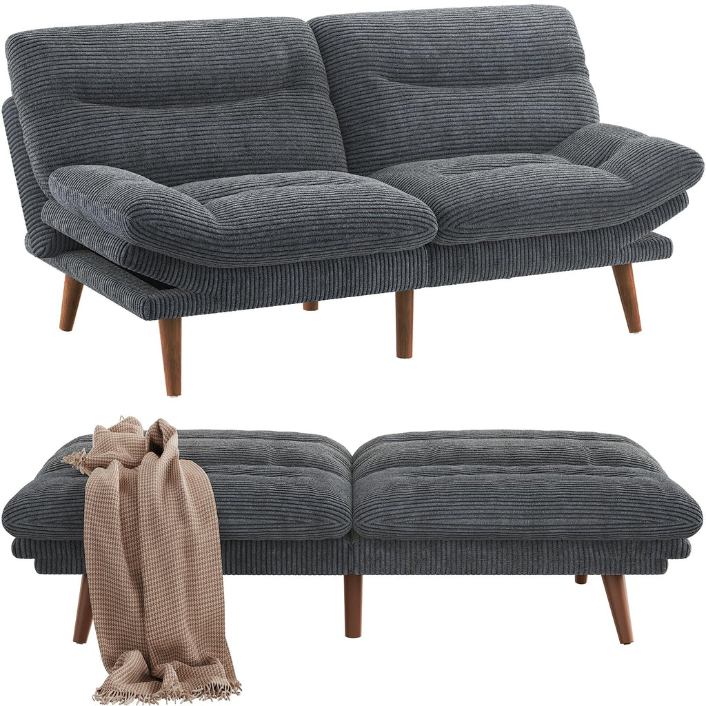 Sofa Bed, 66 Inch Corduroy Futon Couch Convertible with Adjustable Backrest and Armrests, Recliner Sleeper Sofa for Small Spaces, Living Room, Office, Guest Room (Grey, 66 Inch)