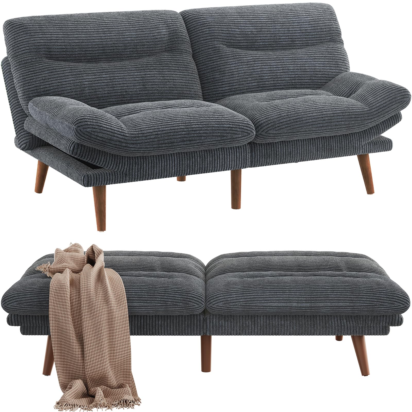Sofa Bed, 66 Inch Corduroy Futon Couch Convertible with Adjustable Backrest and Armrests, Recliner Sleeper Sofa for Small Spaces, Living Room, Office, Guest Room (Grey, 66 Inch)