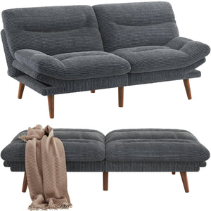 Sofa Bed, 66 Inch Corduroy Futon Couch Convertible with Adjustable Backrest and Armrests, Recliner Sleeper Sofa for Small Spaces, Living Room, Office, Guest Room (Grey, 66 Inch)