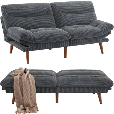 Sofa Bed, 66 Inch Corduroy Futon Couch Convertible with Adjustable Backrest and Armrests, Recliner Sleeper Sofa for Small Spaces, Living Room, Office, Guest Room (Grey, 66 Inch)