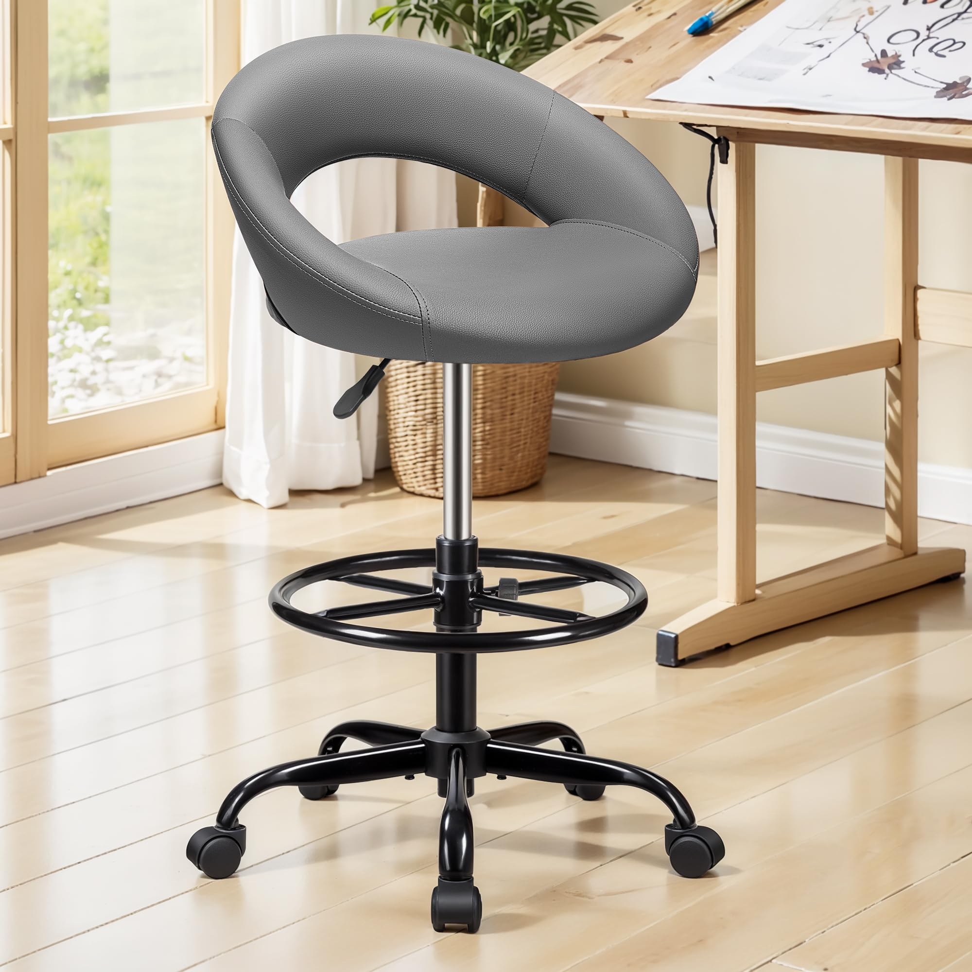 Drafting Chair for Standing Desk, Height Adjustable Rolling Stool with Backrest & Footrest, Tall 360° Swivel PU Leather Stool Chair with Wheels for Office, Gray