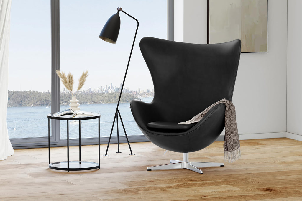 Swivel Armchair 35.4”, Italian Nappa 11000 Top Grain Leather, 360° Swivel, Mid-Century Modern Accent Chair for Living Room, Black
