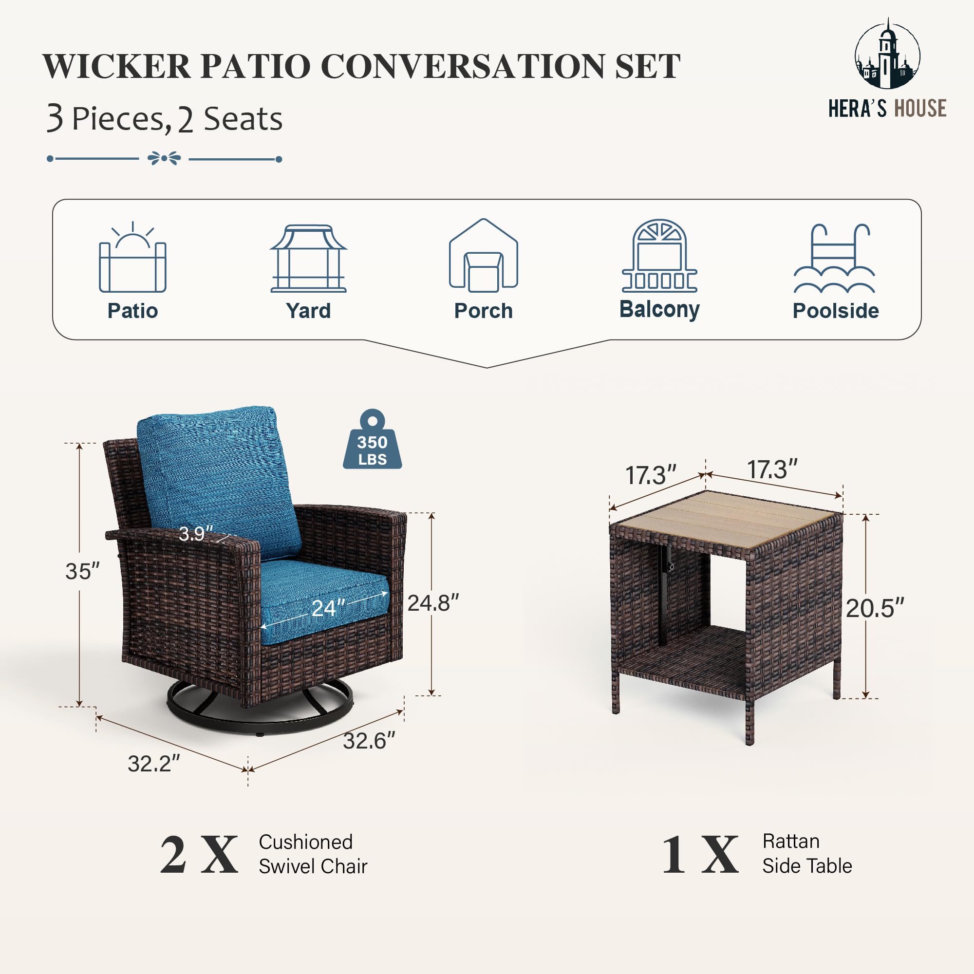 3-Piece Outdoor Patio Furniture, High Back Swivel Chairs Set of 2 with Rattan Table, Brown Wicker Conversation Bistro Set with 5.5” Thick Cushion for Deck Porch Balcony Garden Lawn, Blue
