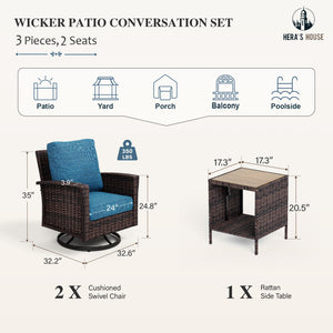 3-Piece Outdoor Patio Furniture, High Back Swivel Chairs Set of 2 with Rattan Table, Brown Wicker Conversation Bistro Set with 5.5” Thick Cushion for Deck Porch Balcony Garden Lawn, Blue