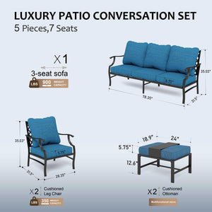 5 Piece Patio Furniture Set, 2 x Leg Chair, 2 x Ottoman, 1 x 3-Seat Sofa, All Cushioned 7 Seats Metal Outdoor Conversation Set for Lawn Garden Backyard