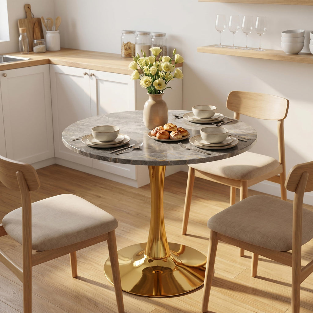 27.6" Marble Round Tulip Table, Mid-Century Modern Style Dining Table with Gold Pedestal Base for 2-4 People, Featuring A Marble Tabletop for Kitchen, Dining Room, Cafe (Dark Grey)