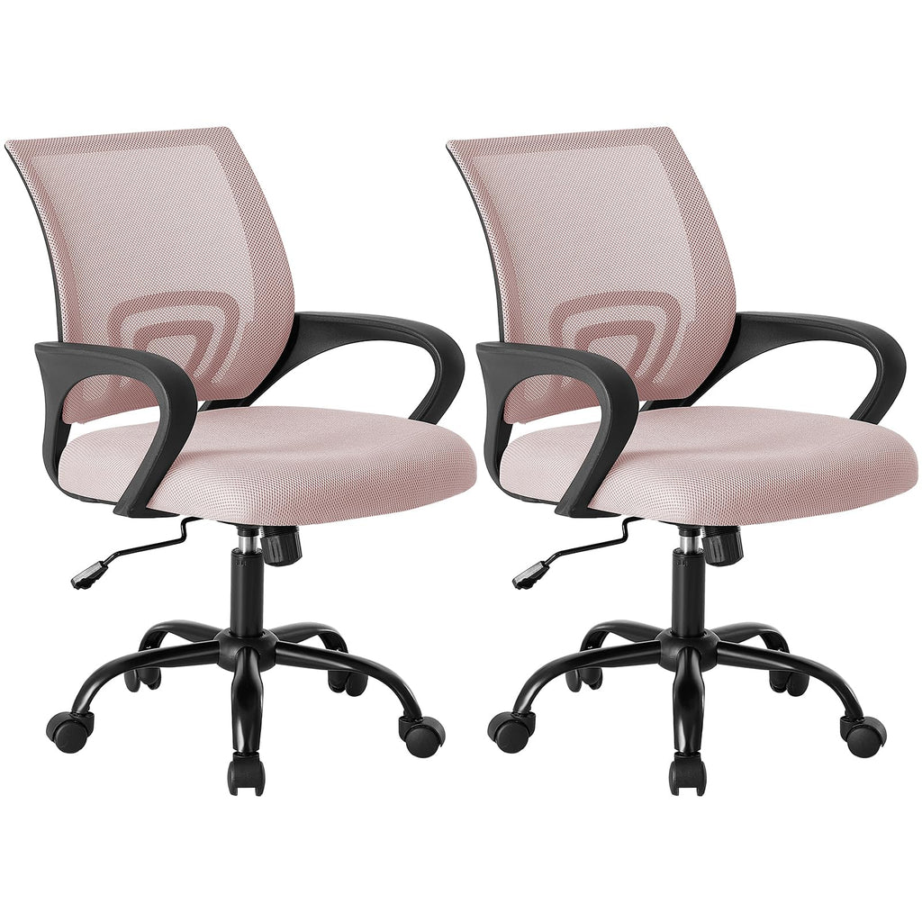 2 Pack, Office Desk Chair - Ergonomic Mid Back with Lumbar Support & Rocking Mode, Height Adjustable with Fixed Armrest, for Home, Computer, Gaming, Conference, Meeting Room, 360° Swivel, Pink,