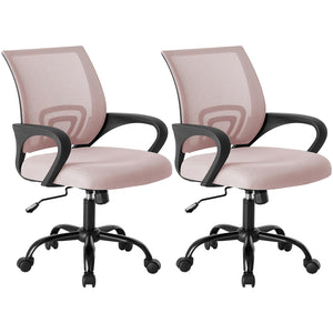 2 Pack, Office Desk Chair - Ergonomic Mid Back with Lumbar Support & Rocking Mode, Height Adjustable with Fixed Armrest, for Home, Computer, Gaming, Conference, Meeting Room, 360° Swivel, Pink,