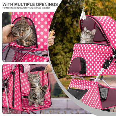 3 Wheels Pet Dog Cat Stroller for Small Medium Dogs Cats, Foldable Jogger Stroller w/Storage Basket and Cup Holder, Hot Pink Polka Dots