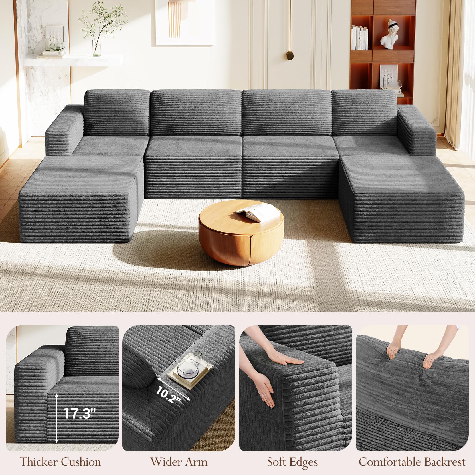159" Large Modular Sectional Sofa, U-Shaped Corduroy Cloud Couch with Deep Seats & Spring Support, 4-Seater Boneless Sofa with 2 Movable Ottomans, No Assembly Needed, Grey
