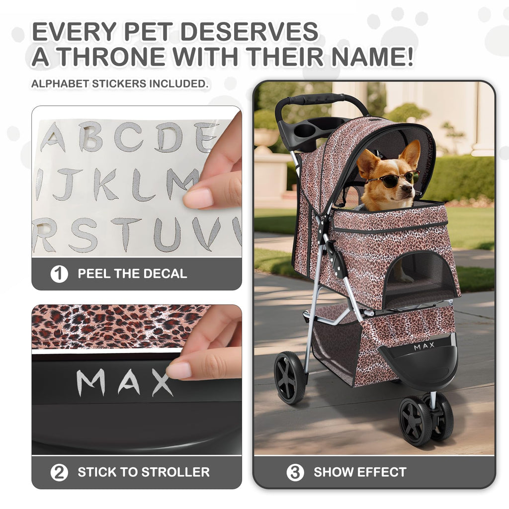 3 Wheels Pet Dog Cat Stroller for Small Medium Dogs Cats, Lightweight Foldable Jogger Stroller w/Storage Basket & Cup Holder, Leopard Print