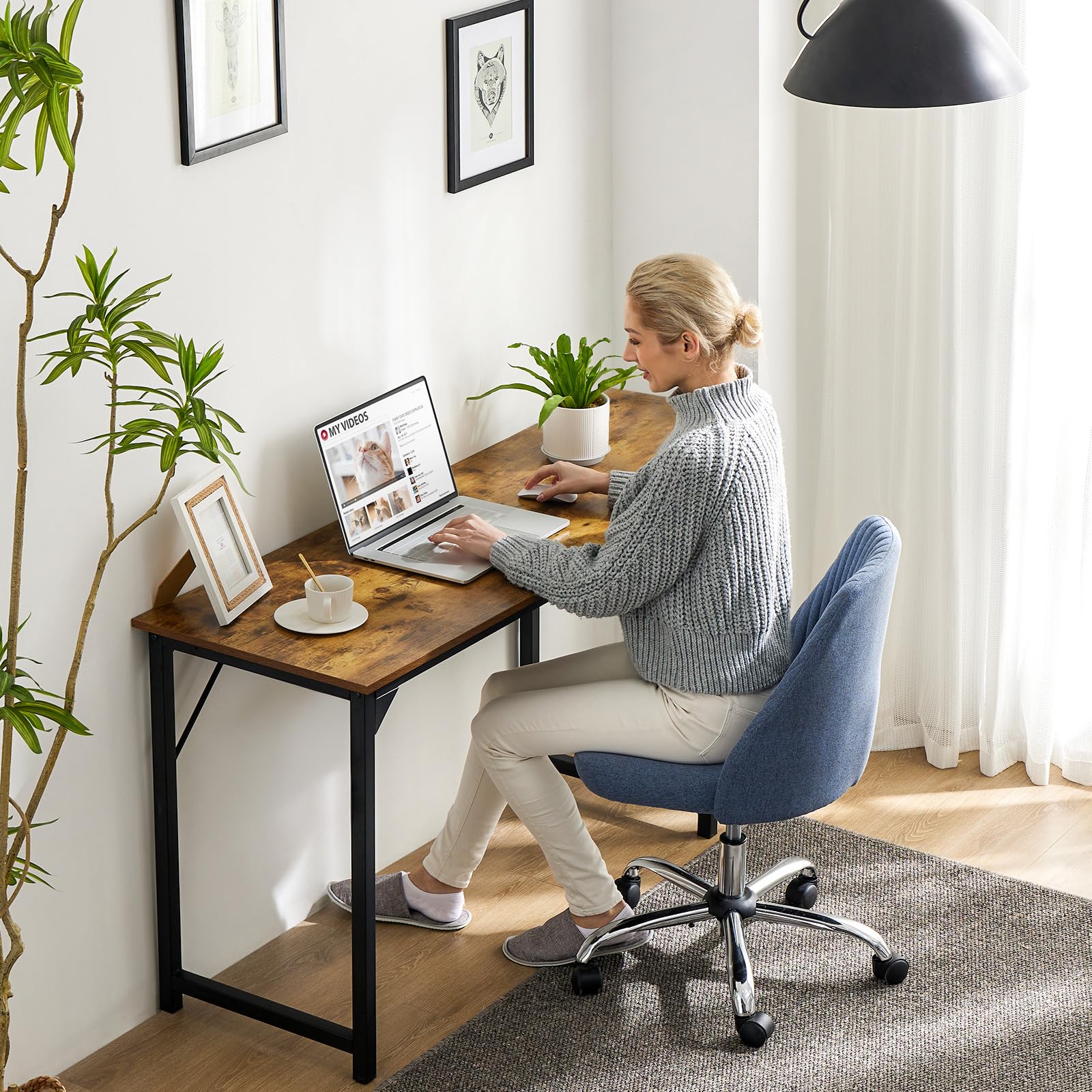 Small Computer Office Desk 63 Inch Student Study Writing Work with Metal Frame Wood Tabletop Modern Simple Home Bedroom PC Table Perfect for Small Spaces - Brown