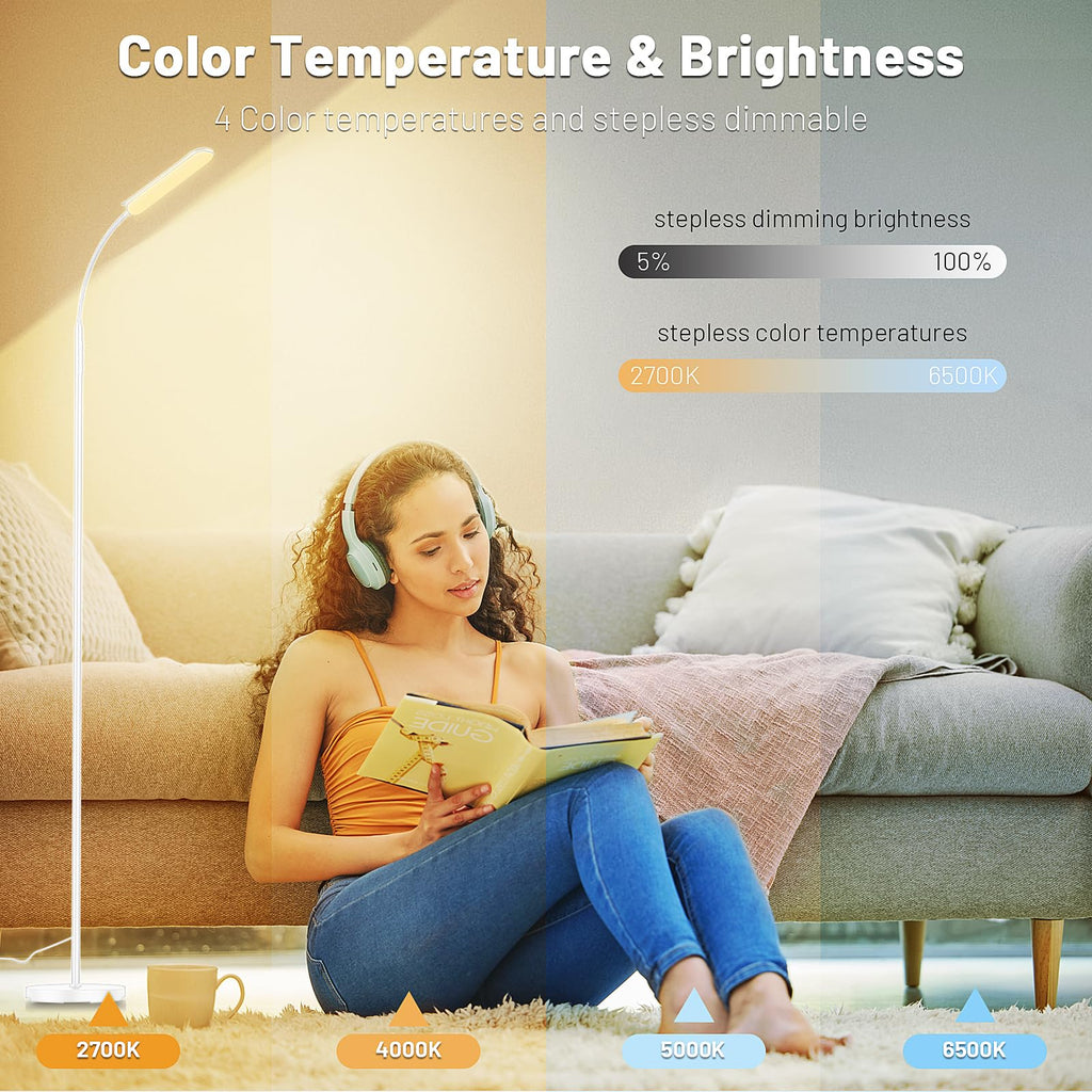 Dimmable LED Floor Lamp, Super Bright Reading Lamps Floor Standing Lamp with Remote & Touch Control, Stepless Dimming & 2700K-6500K Color Temperature, for Living Room Bedroom Office, White