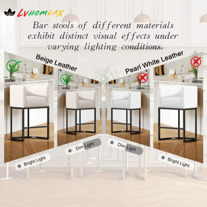 Modern Counter Height Bar Stools,Bar Stools Set of 3,PU Leather Upholstered Barrel Barstools with Backs,26'' Kitchen Island Chairs,Metal Black Frames,Beige White Leather