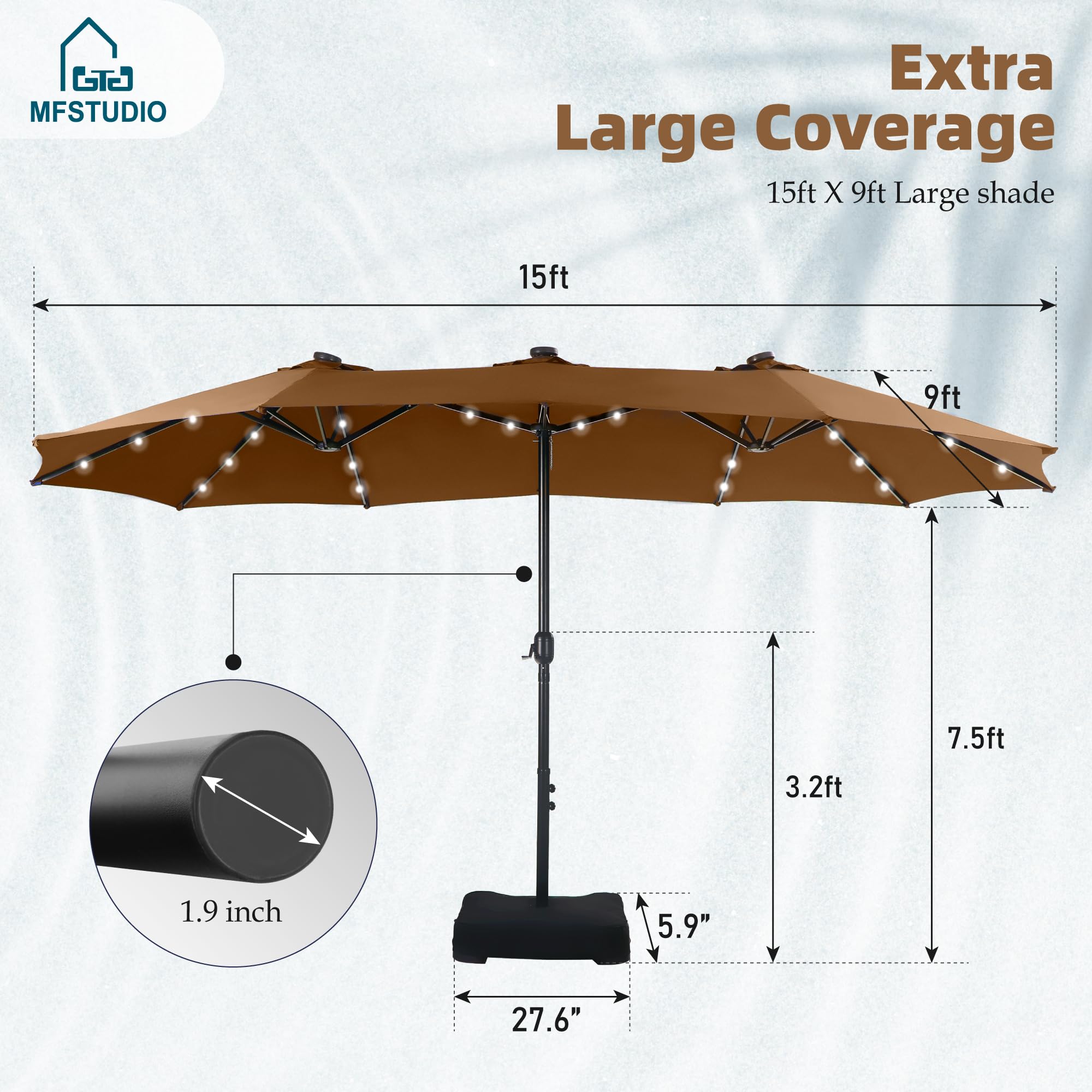 15ft Double Sided Patio Umbrella with Solar Lights, Outdoor Large Umbrellas with Crank Handle and 36 LED Lights, Rectangular Market Umbrella with Base Included for Deck Pool Shade, Tawny