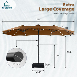 15ft Double Sided Patio Umbrella with Solar Lights, Outdoor Large Umbrellas with Crank Handle and 36 LED Lights, Rectangular Market Umbrella with Base Included for Deck Pool Shade, Tawny