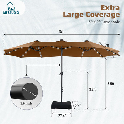 15ft Double Sided Patio Umbrella with Solar Lights, Outdoor Large Umbrellas with Crank Handle and 36 LED Lights, Rectangular Market Umbrella with Base Included for Deck Pool Shade, Tawny