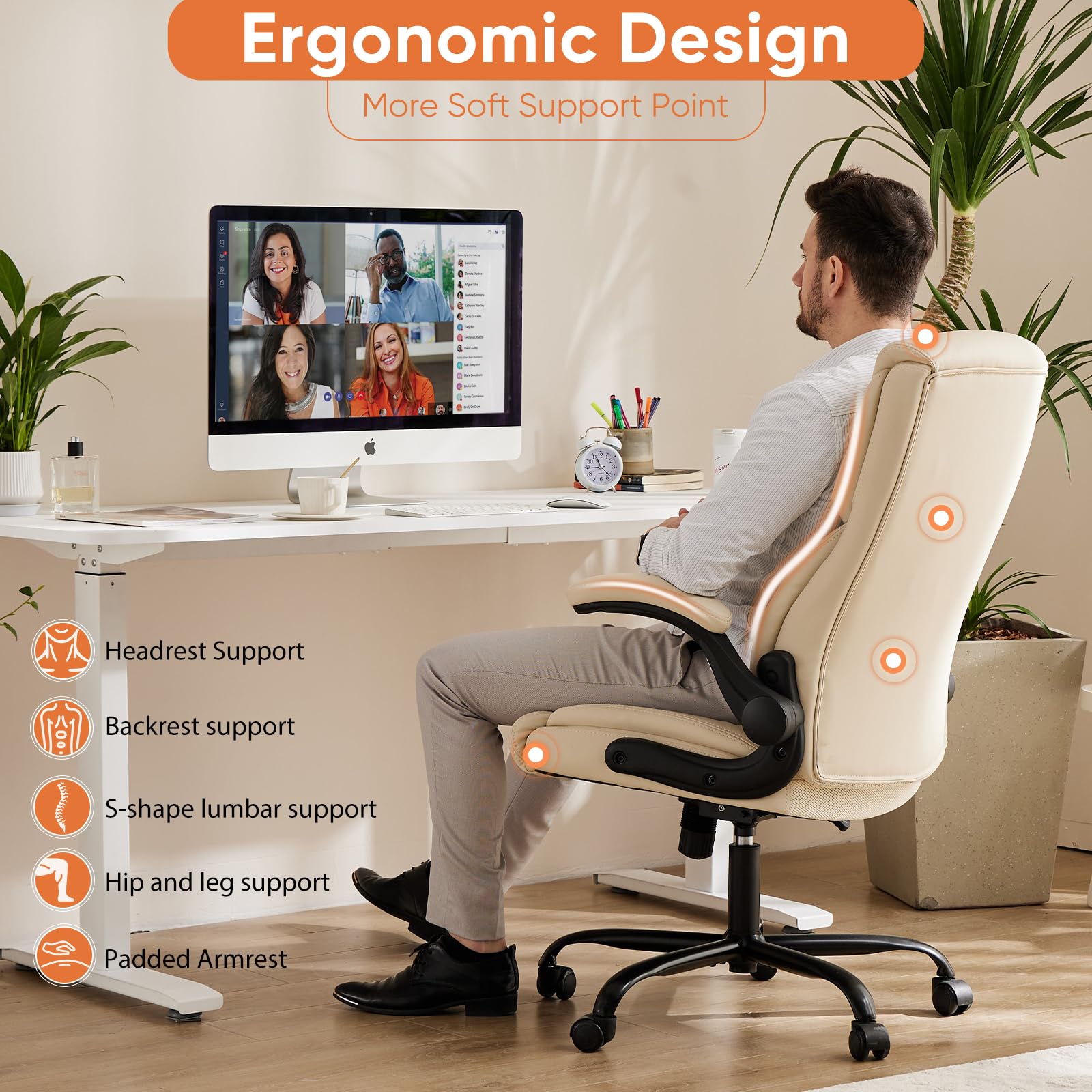 Set of 2, Ergonomic Computer Gaming Office Chair, Heavy Duty Task Desk Swivel Rolling Chairs with Wheels, Flip-up Arms, Adjustable Height, PU Leather,Cream White