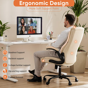 Ergonomic Office Chair - Heavy Duty Task Desk Chair with Flip-up Armrest, PU Leather, Height Adjustable & Swivel Rolling Chair with Wheels, Beige