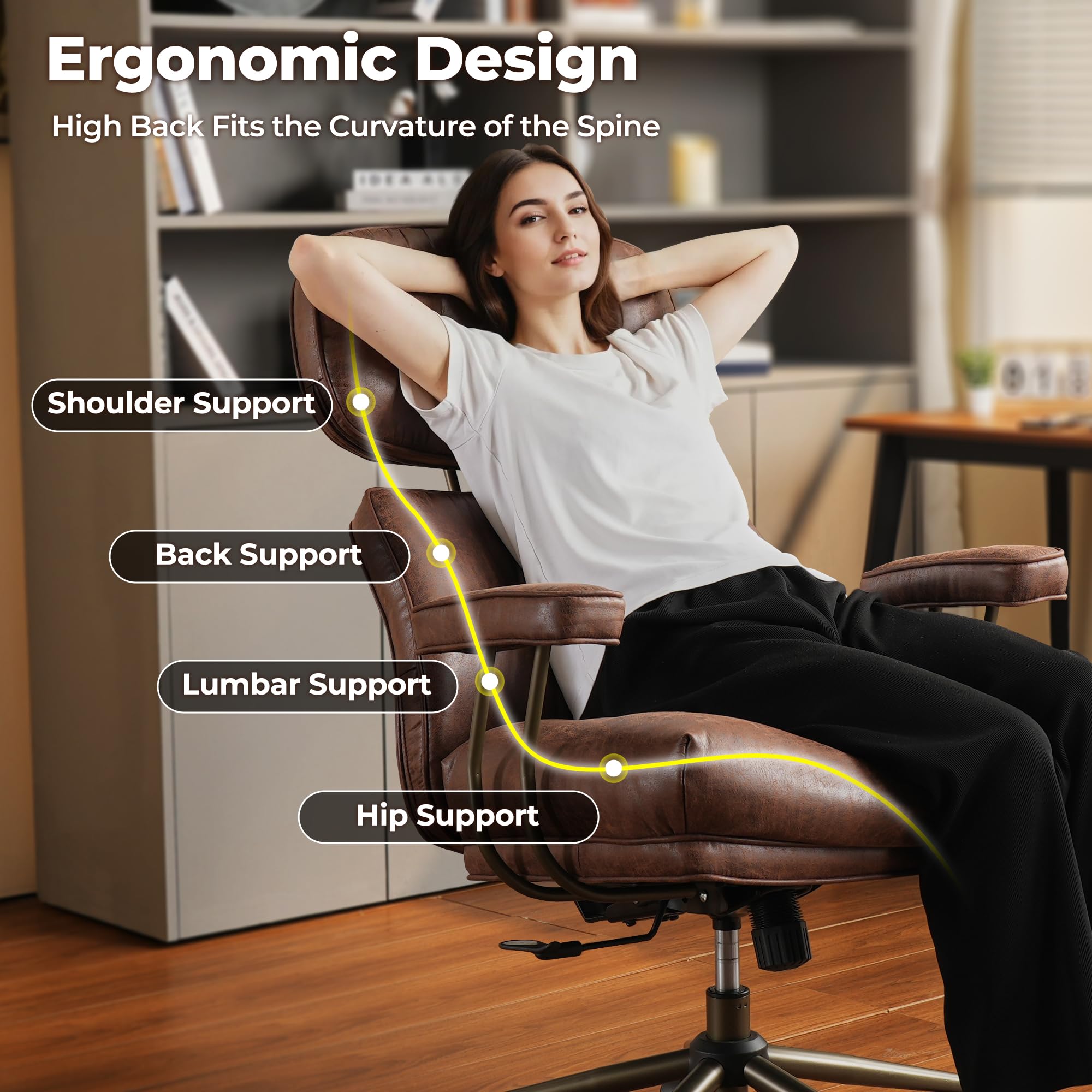 Ergonomic Office Chair, High Back Faux Leather Executive Chairs with Thick Cushion, Comfy Mid-Century Modern Swivel Rolling Computer Armchair (Dark Brown, Suede Leather)