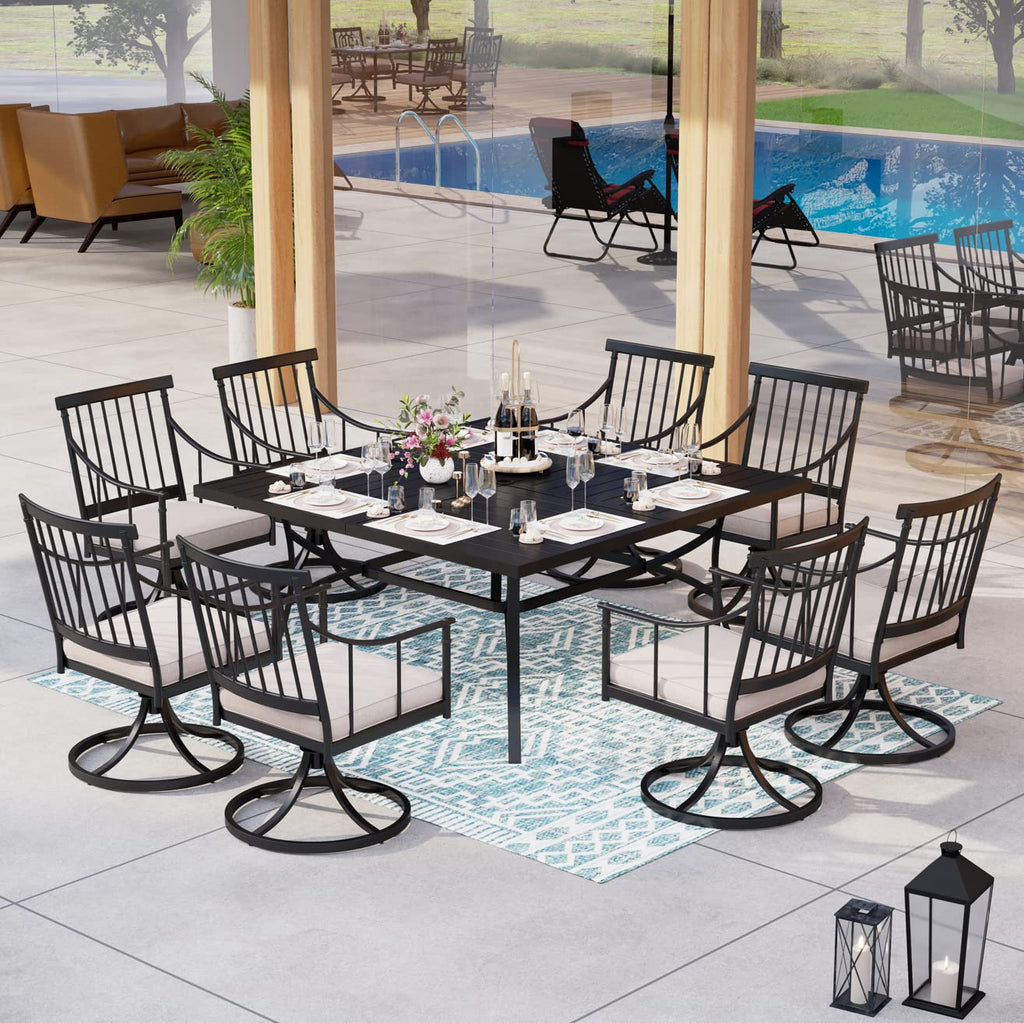 9 PCS Outdoor Patio Dining Set, 8 Metal Swivel Chairs with Removable Cushions and 1 Square Dining Table with 1.57" -1.9" Adjustable Umbrella Hole Furniture Sets for Lawn Backyard Garden