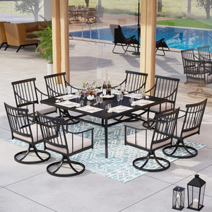 9 PCS Outdoor Patio Dining Set, 8 Metal Swivel Chairs with Removable Cushions and 1 Square Dining Table with 1.57