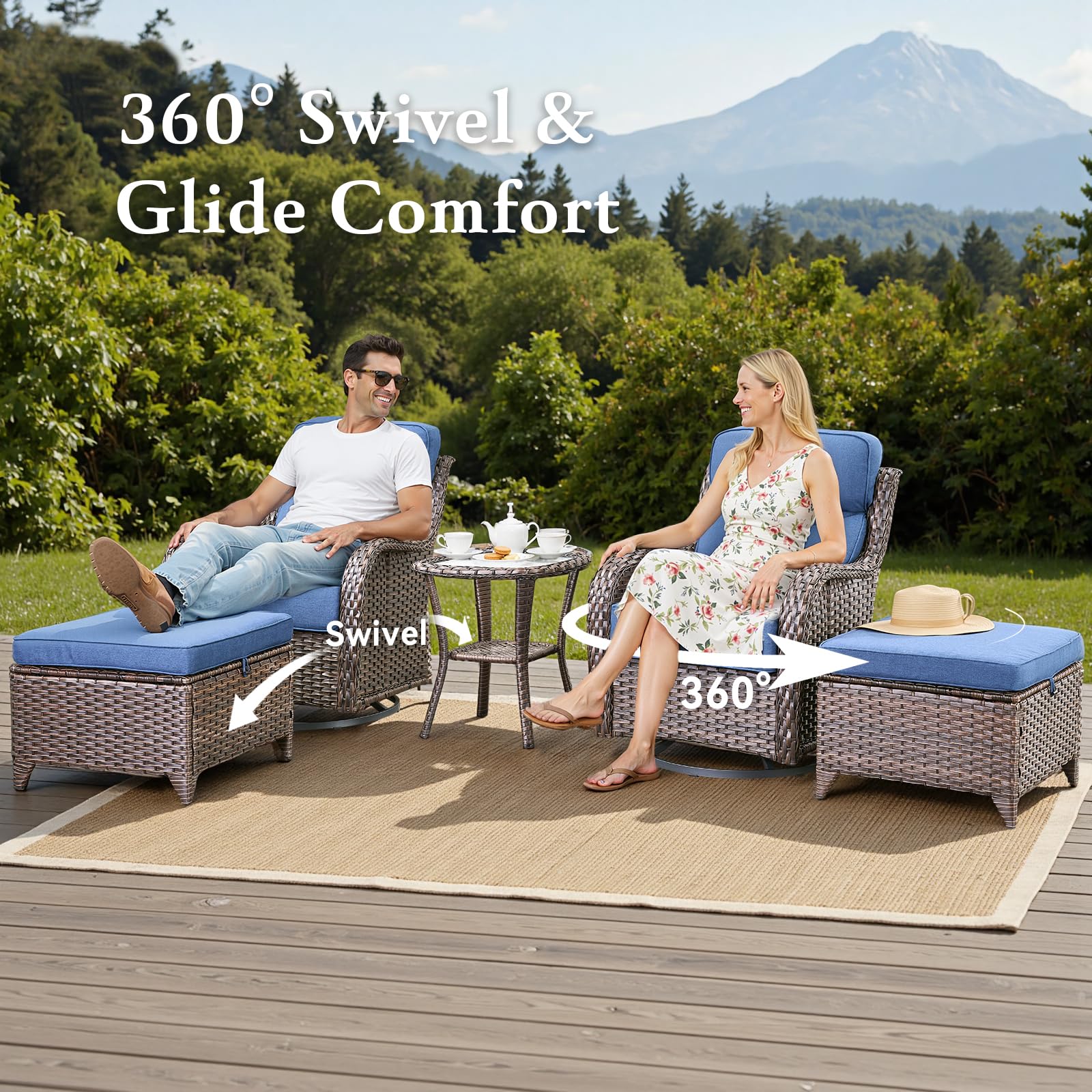 Luxury 6" Thick Cushioned 11 Pieces Patio Furniture Set with Outdoor Couch, Wicker Outdoor Conversation Set with High Back Swivel Rocker Chairs for Deck Porch Yard and Poolside - Brown+Blue