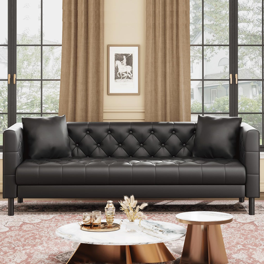 81 in Leather Couch for Living Room, Modern Leather Sofa with Deep Seat, Handmade Button Tufted 3 Seater Sofa, Chesterfield Couch for Apartment or Office, Black