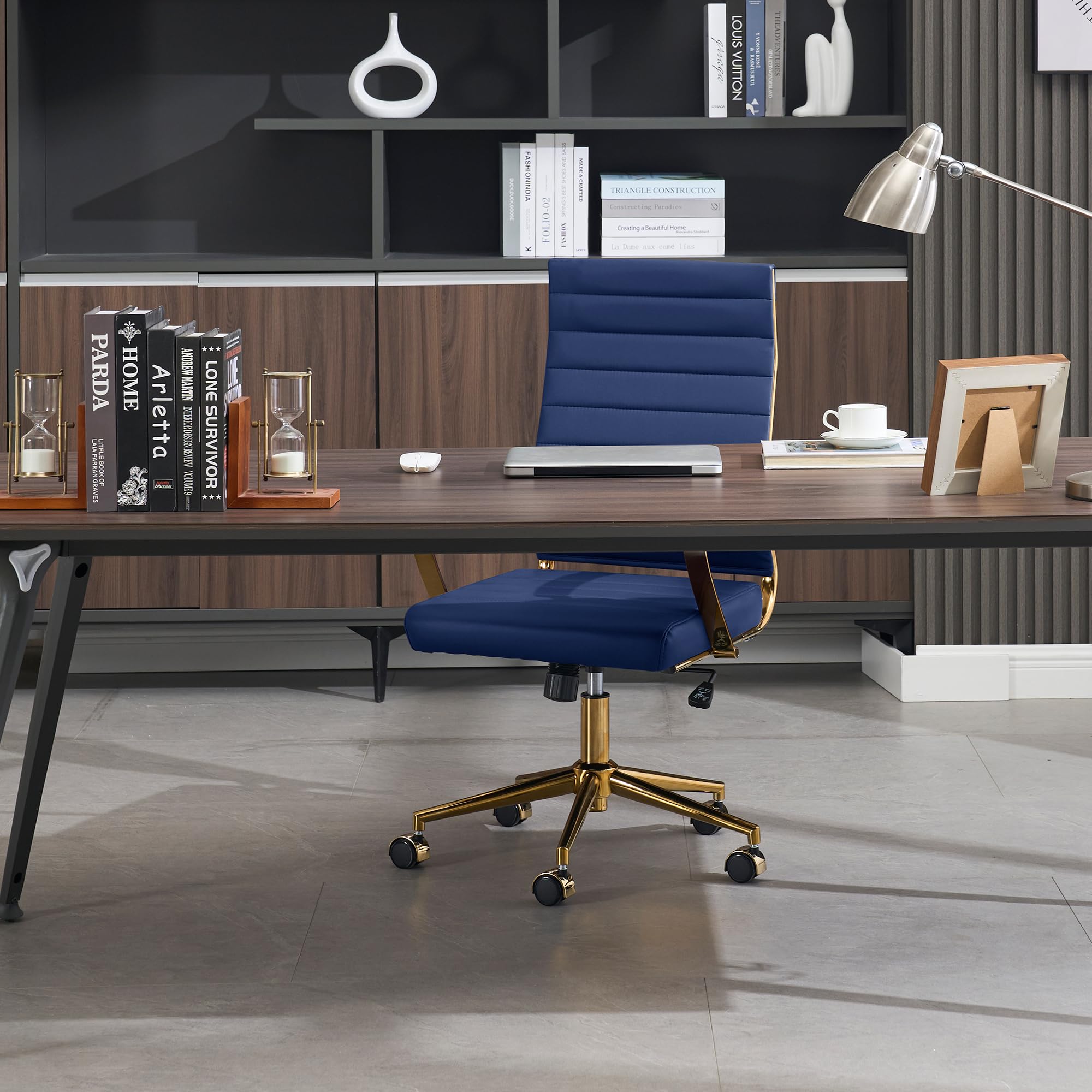 Gold Office Desk Chair, Ergonomic Leather Modern Conference Room Chairs, Executive Ribbed Height Adjustable Swivel Rolling Golden Chair for Home Office.
