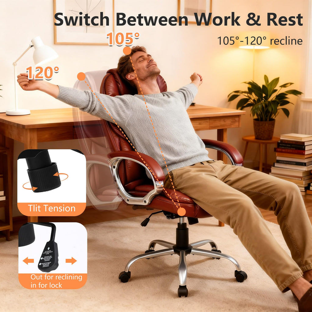 Office Chair Computer High Back Adjustable Ergonomic Desk Chair Executive PU Leather Swivel Task Chair with Armrests Lumbar Support (Dark Brown)