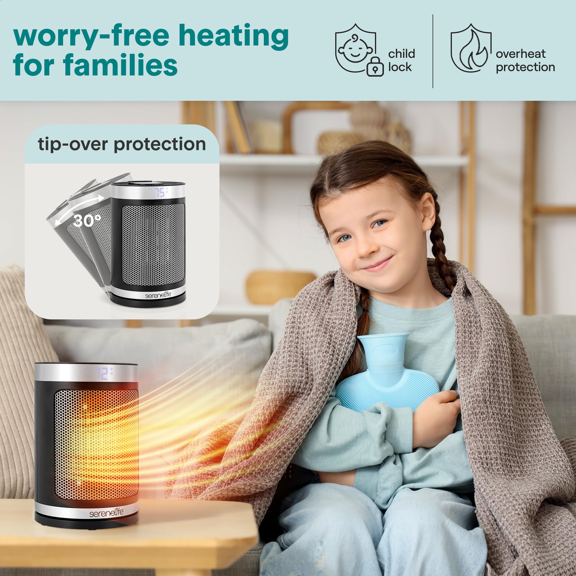 Smart Space Heater – 1500W Indoor Electric Heater with Thermostat, Remote Control, 12-Hour Timer, Wi-Fi Enabled PTC Ceramic Heating for Home and Office, Black (5.9" x 5.9" x 9.5")